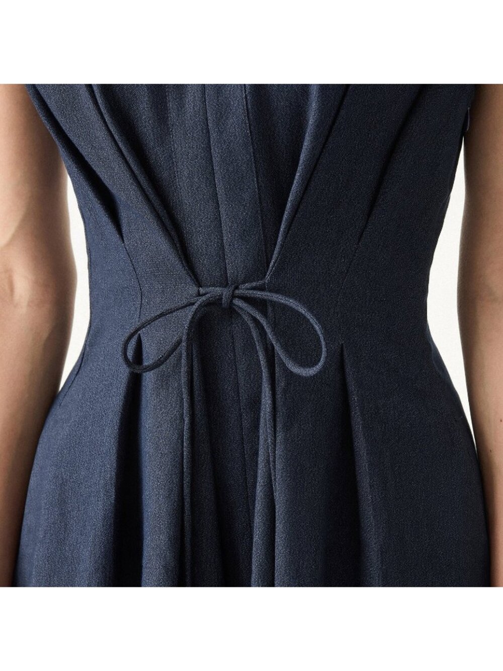 OGL Move Viscose-Linen Collared V-neck Midi Dress Drawstring Denim Navy Medium - Picture 2 of 7